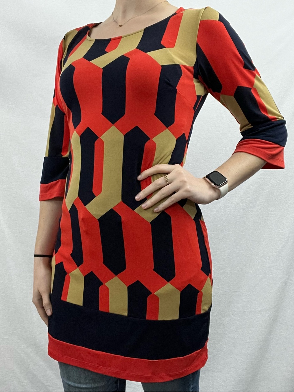 Enfocus Studio Red, Navy & Gold Geometric Midi Dress